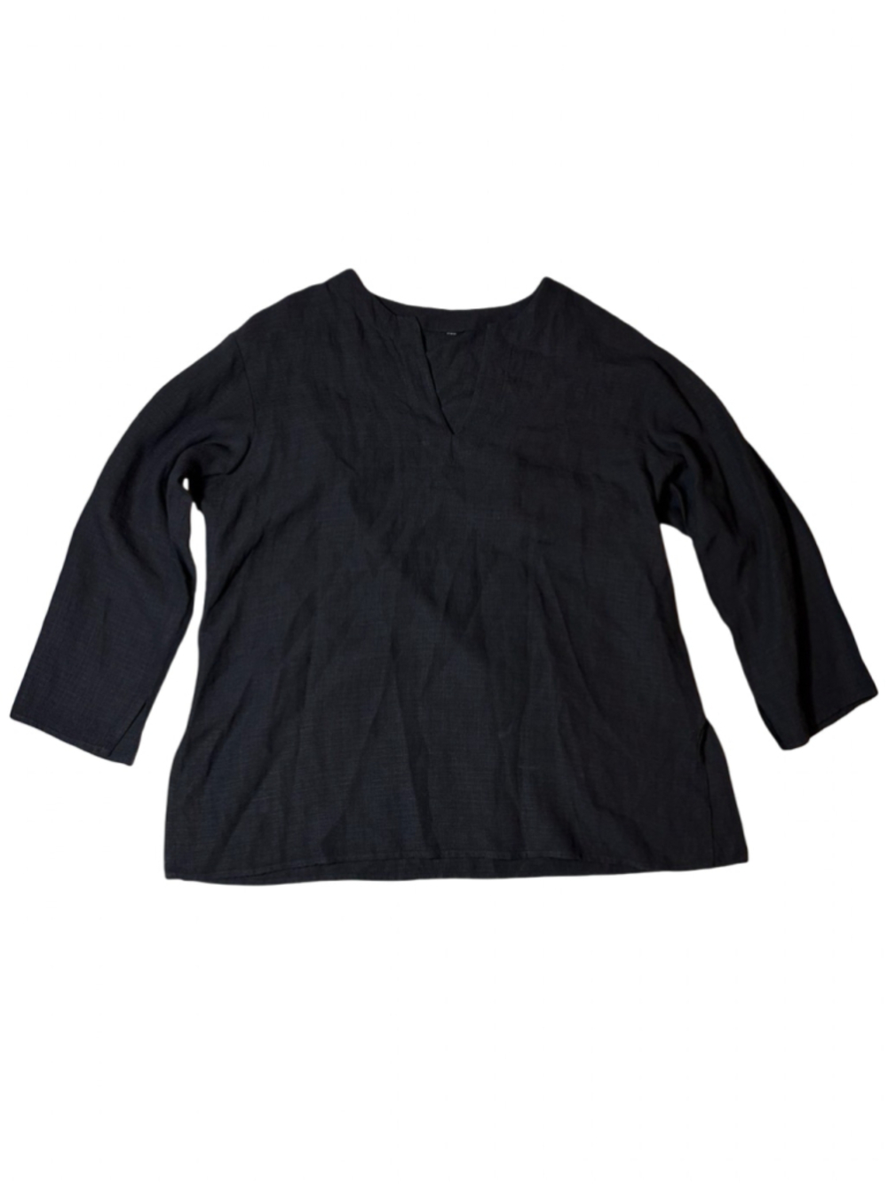 Eileen Fisher Black V-Neck Linen Blend Lagenlook Minimalist Tunic Top